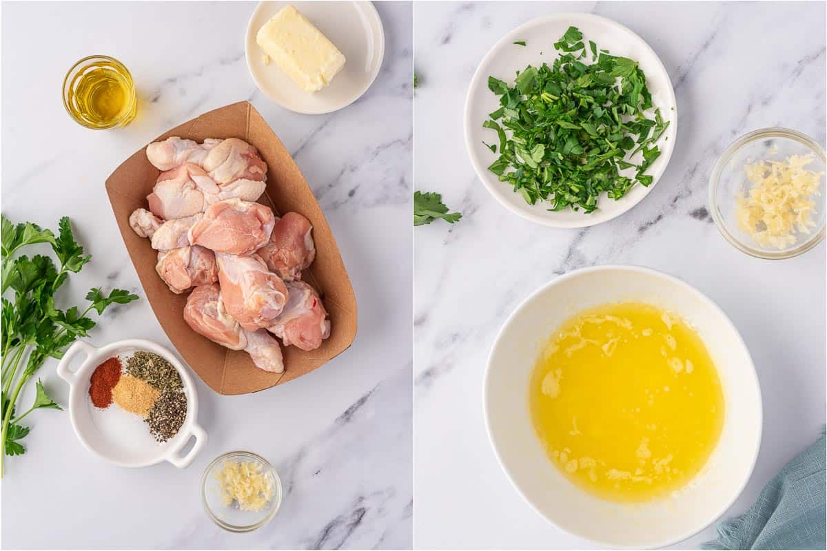 Bowls of ingredients needed to make garlic wings and garlic sauce for chicken wings.