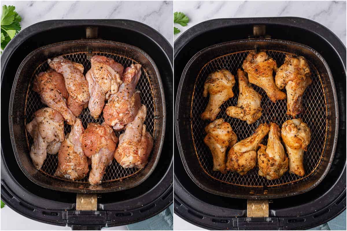 Air fryer basket with before and after photos of air fried chicken wings.