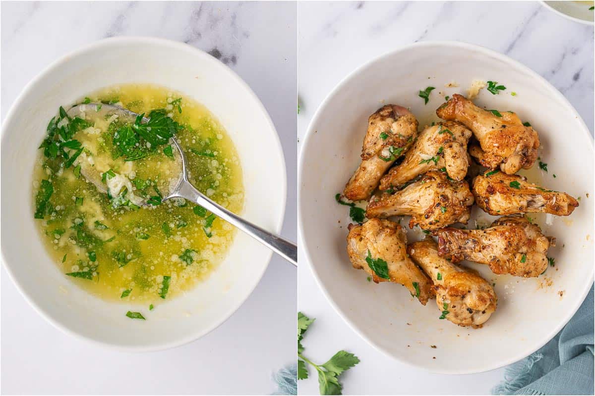 A bowl of garlic sauce for chicken wings and chicken wings tossed with garlic sauce.