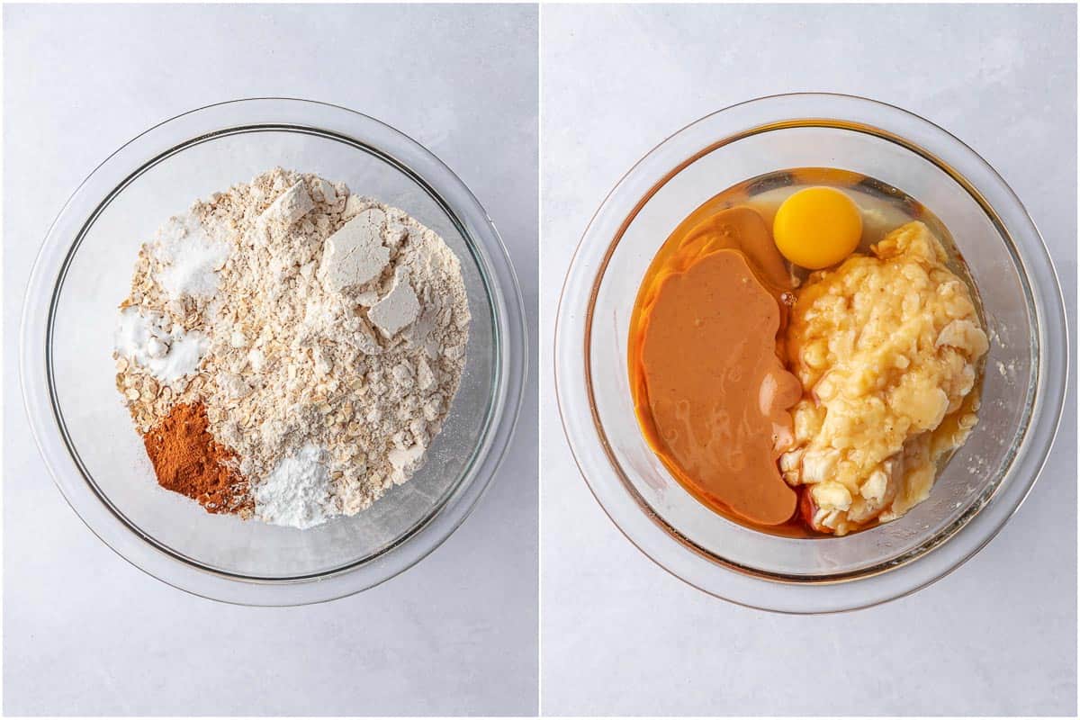 Two photos showing the wet and dry ingredients in different bowls.