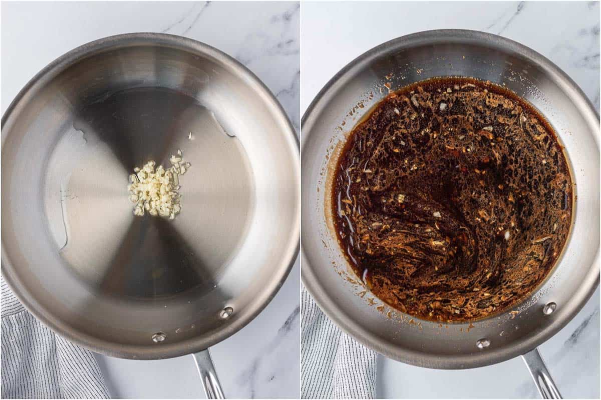 Reducing honey sesame garlic sauce in a pan until thickened.