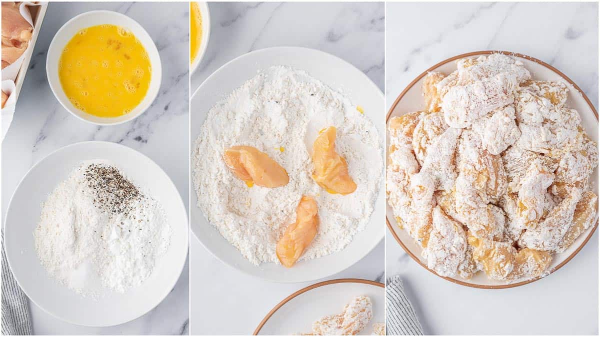 Dredging chicken in egg and seasoned flour before frying.