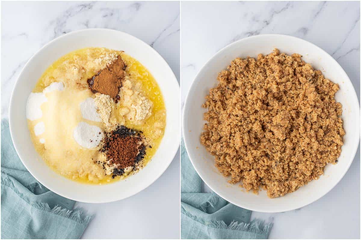 Process of making the streusel topping for the almond flour coffee cake.