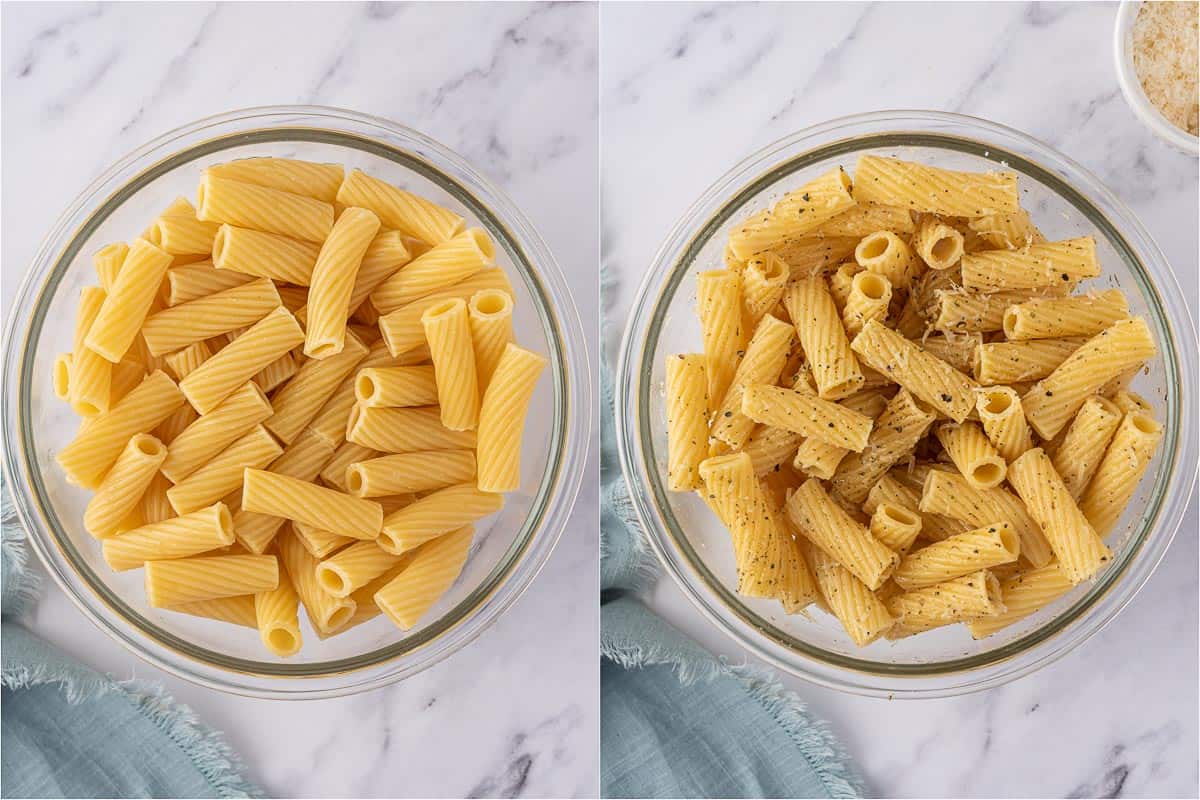 Seasoning cooked noodles for air fryer pasta chips.