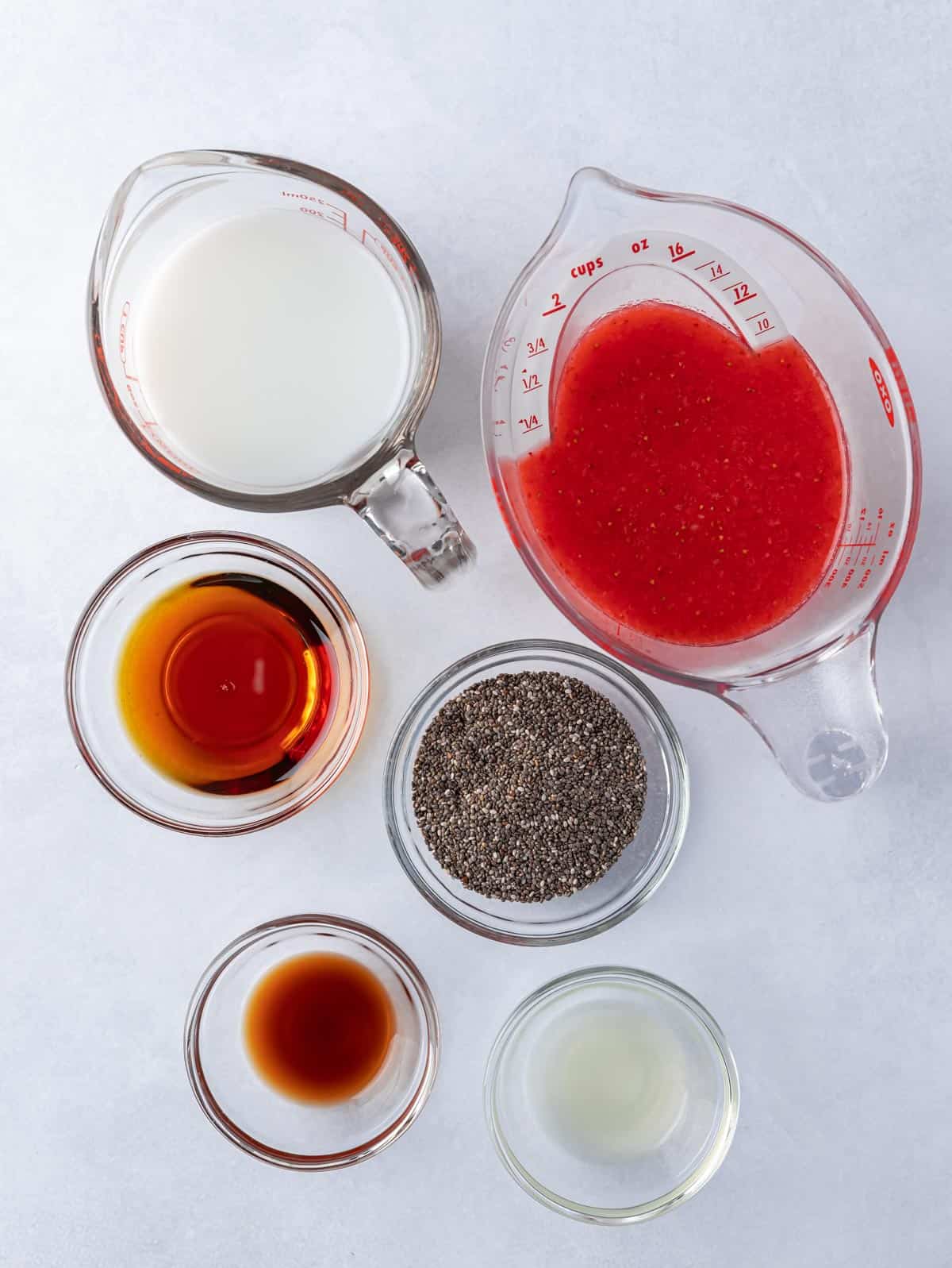 Ingredients for strawberry chia pudding.