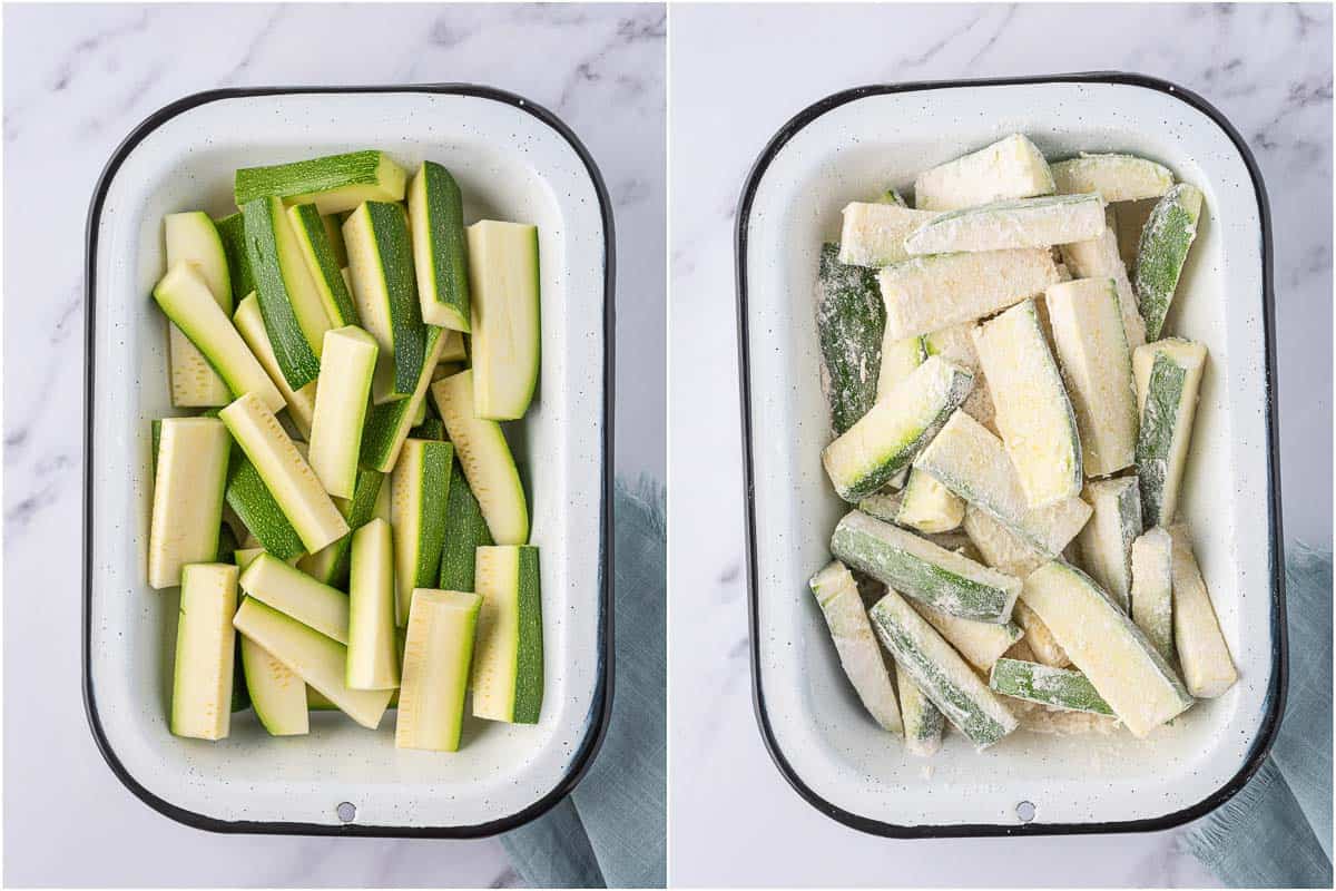 Coating fresh zucchini fries with flour.