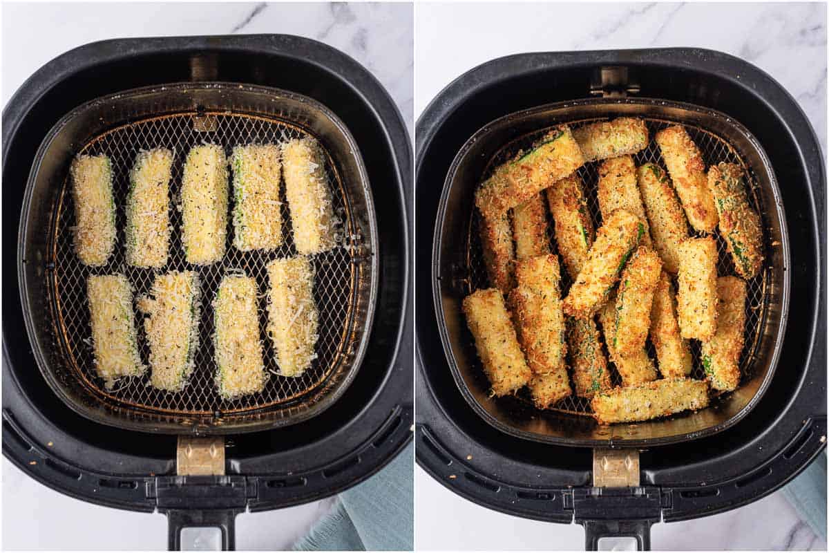 Before and after of zucchini sticks in air fryer.