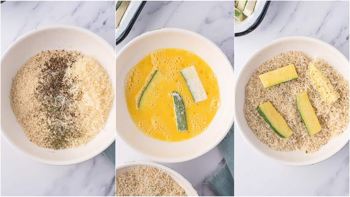 Breading process for breaded zucchini fries.