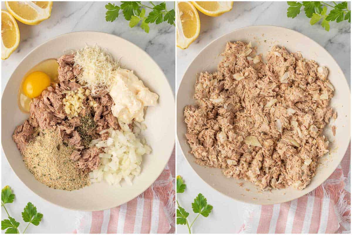 How to make air fryer tuna patties. Mixing all the ingredients together.