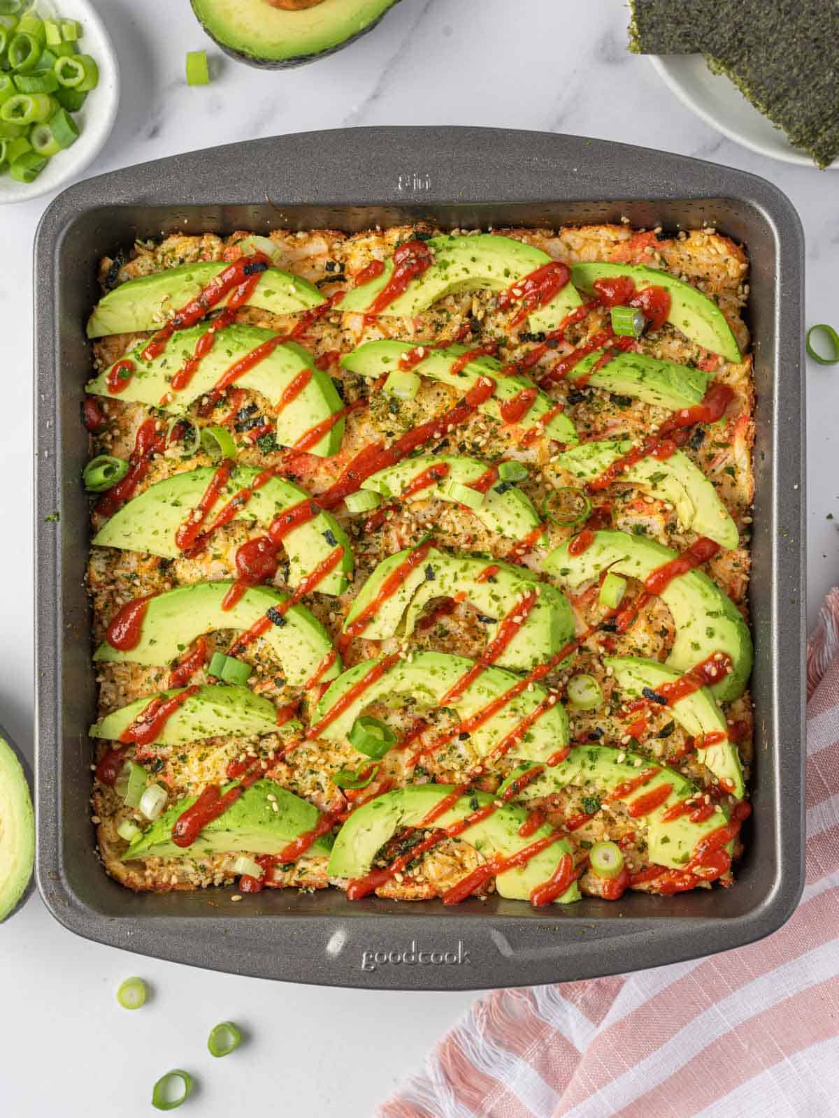 Sushi bake casserole in a pan.