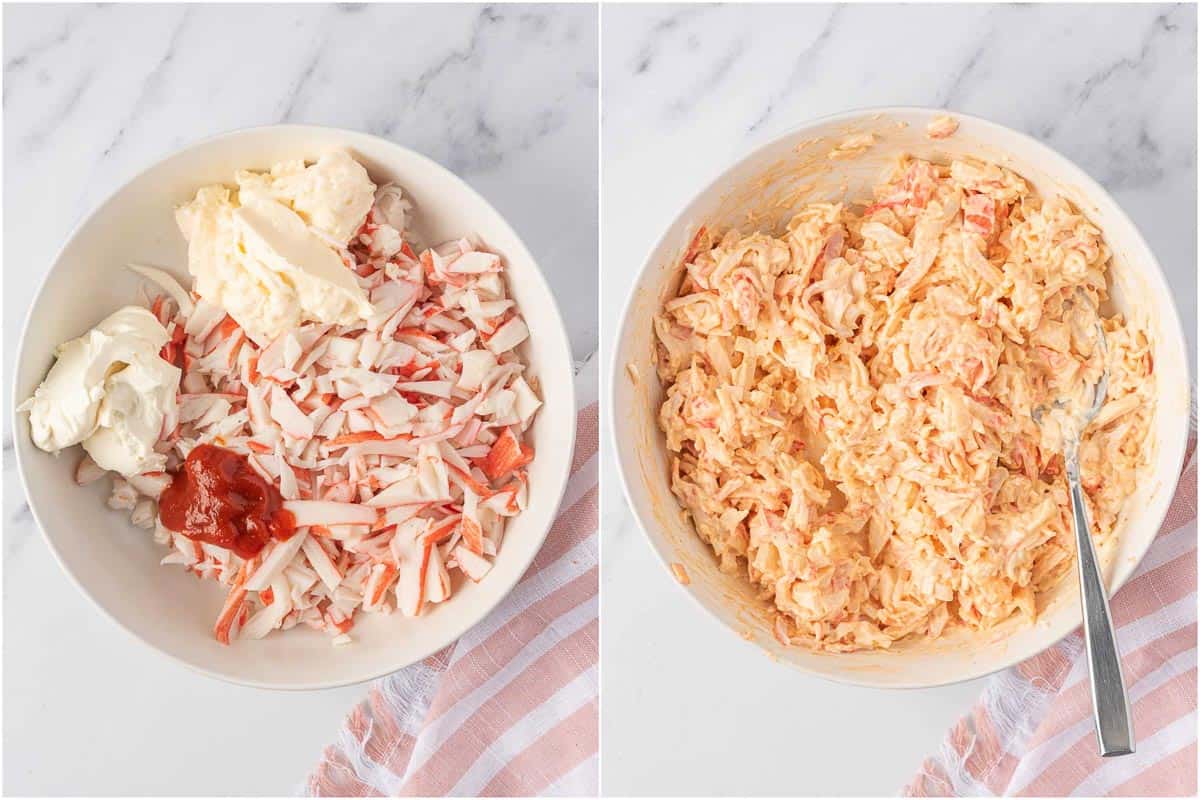 How to make imitation crab mixture for sushi bake.