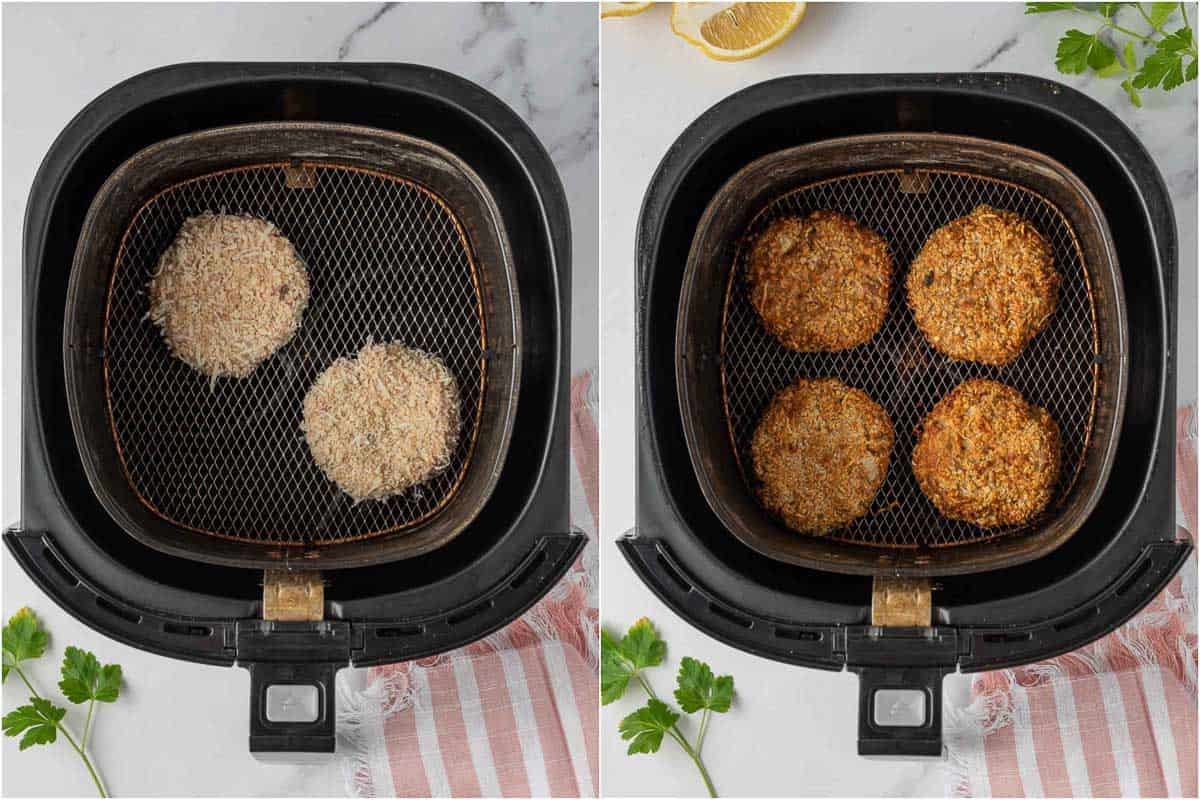 Before and after air frying crispy tuna cakes.