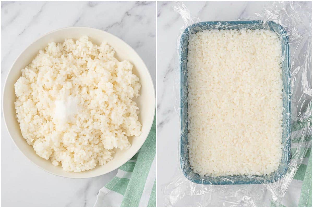 Forming rice for crispy rice recipe.