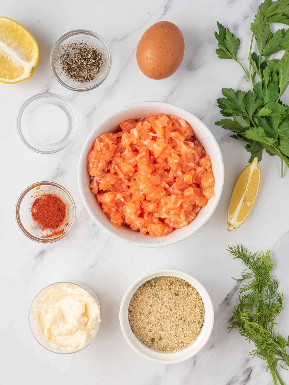 Ingredients needed for fresh salmon patties.