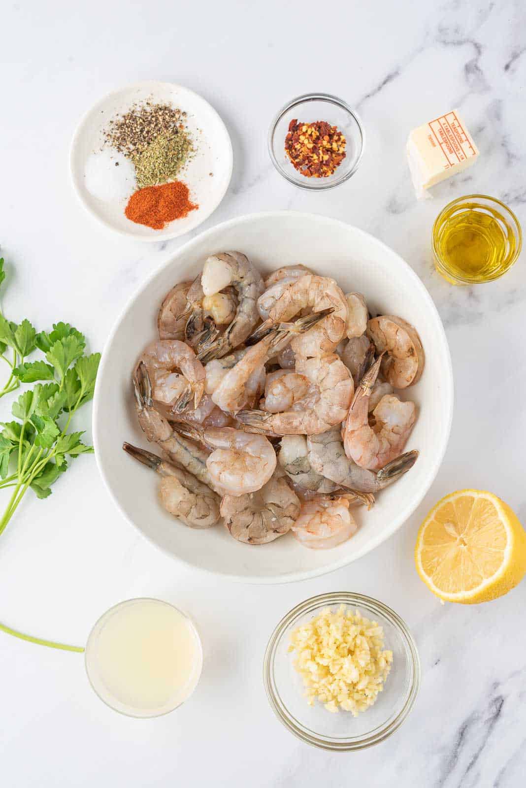 Ingredients needed for lemon garlic butter shrimp.