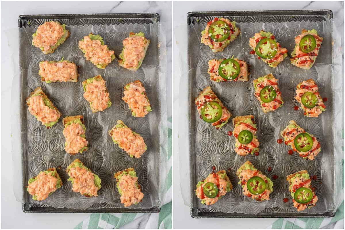 Garnishing a tray of spicy salmon sushi bites.