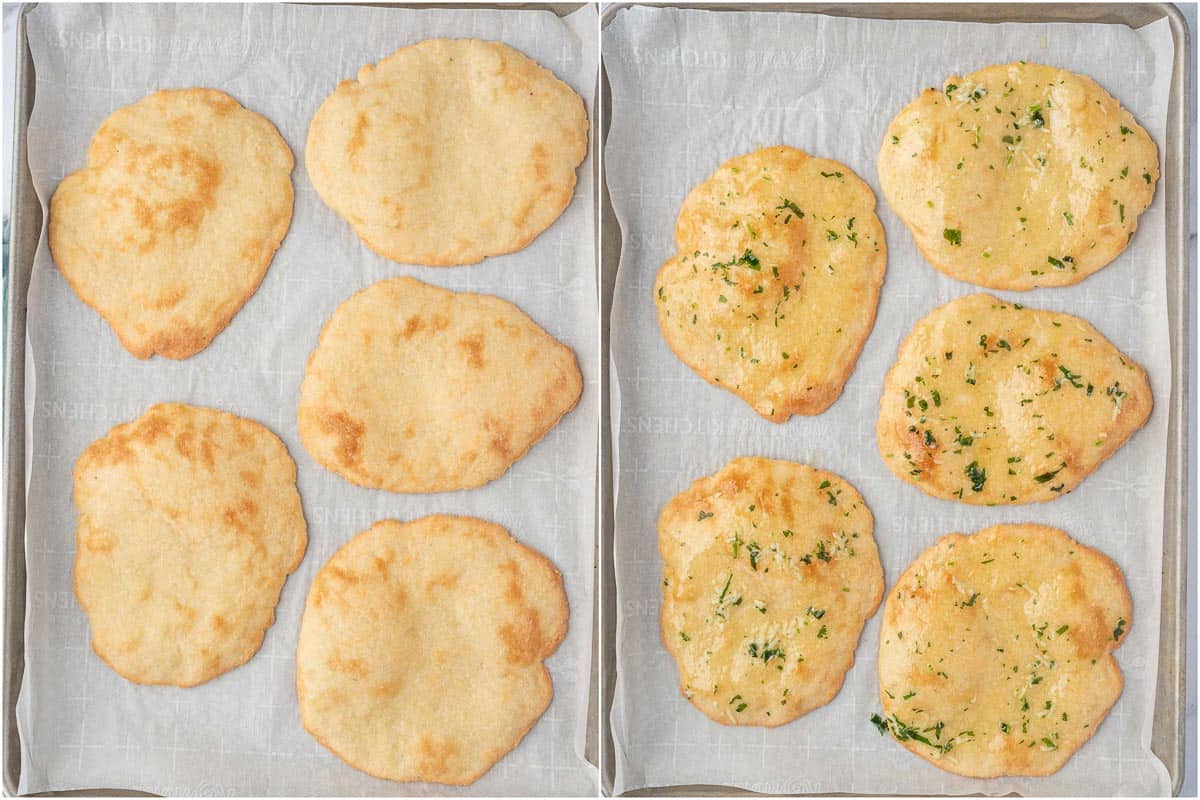 Baked almond flour naan is brushed with garlic butter and cilantro.