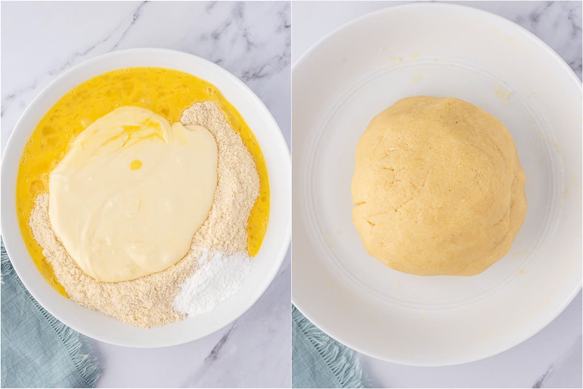 Combining the cheese mixture with egg and almond flour to make keto naan bread dough.