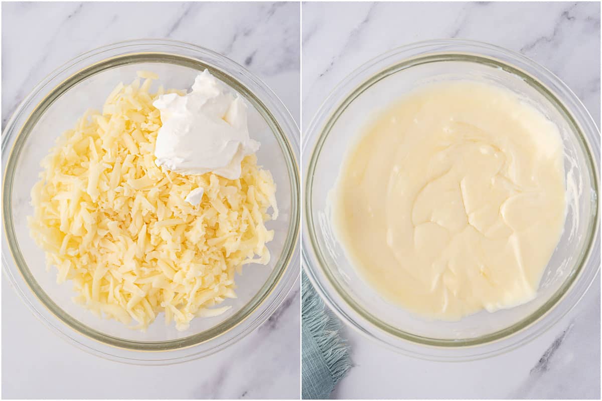 Process of melting shredded mozzarella and sour cream for the low carb naan bread dough.