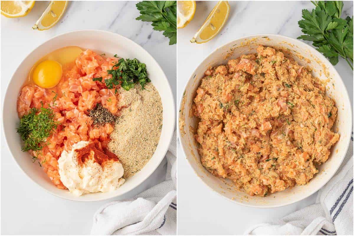 Process of making the fresh salmon patties filling.