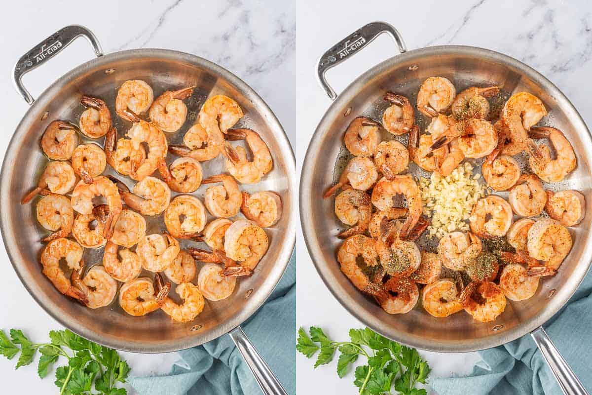 Cooking shrimp in skillet for garlic lemon shrimp recipe.