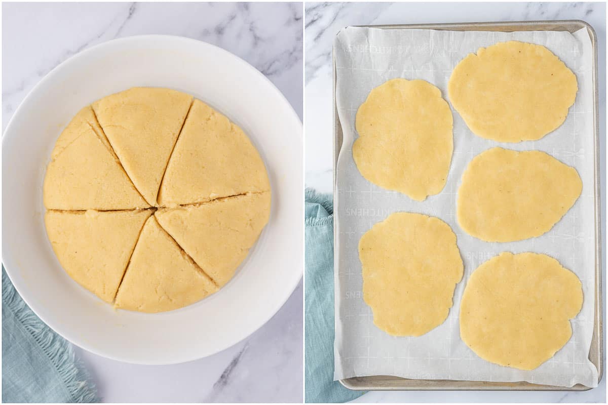 Process of cutting and shaping the keto naan bread dough before baking.