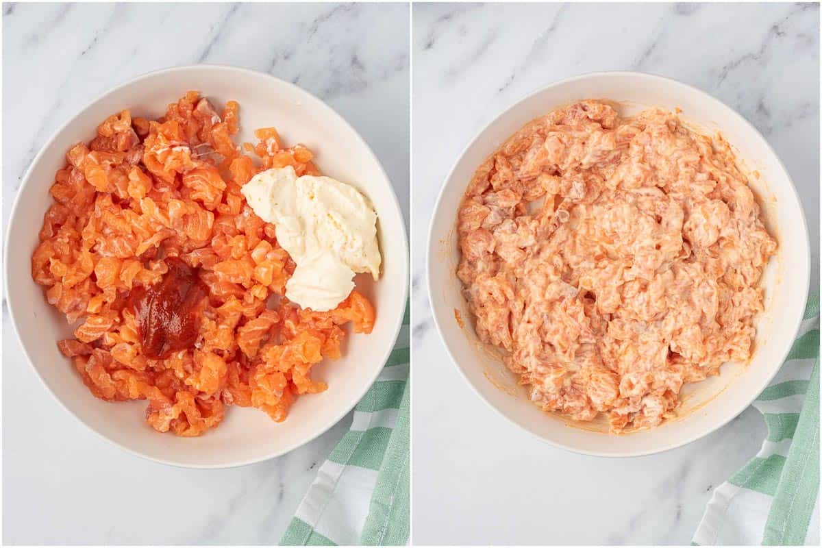 Mixing the spicy salmon topping.