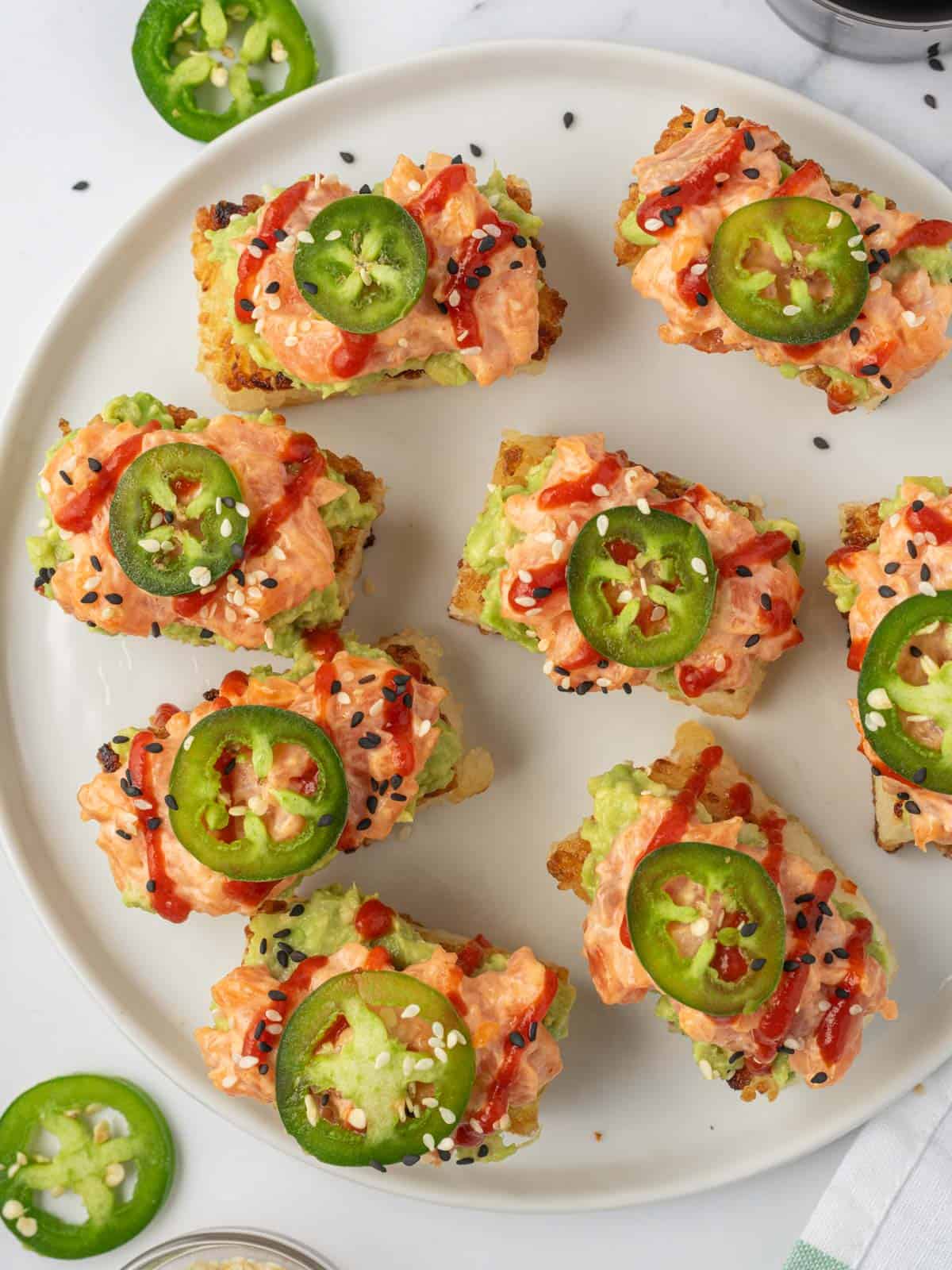 A plate of Salmon crispy rice recipe.