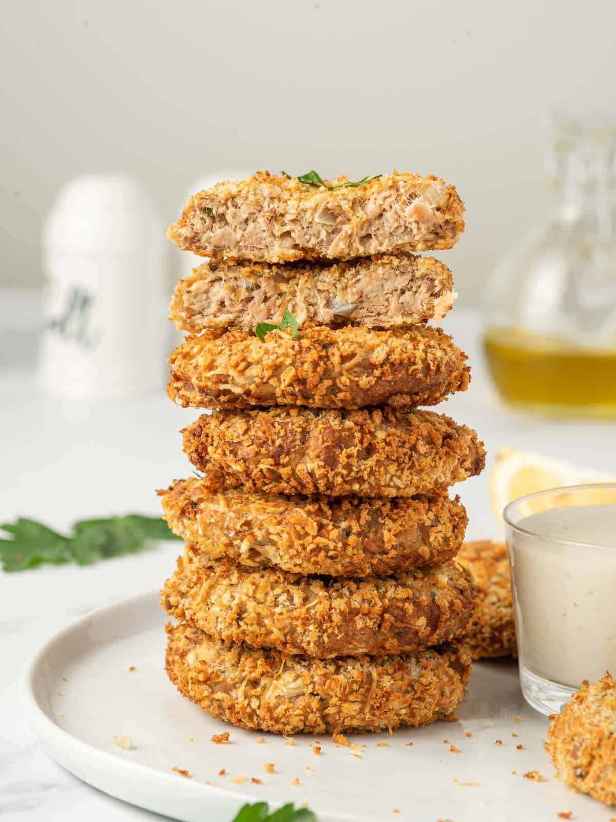 Pile of crispy tuna cake on a plate.