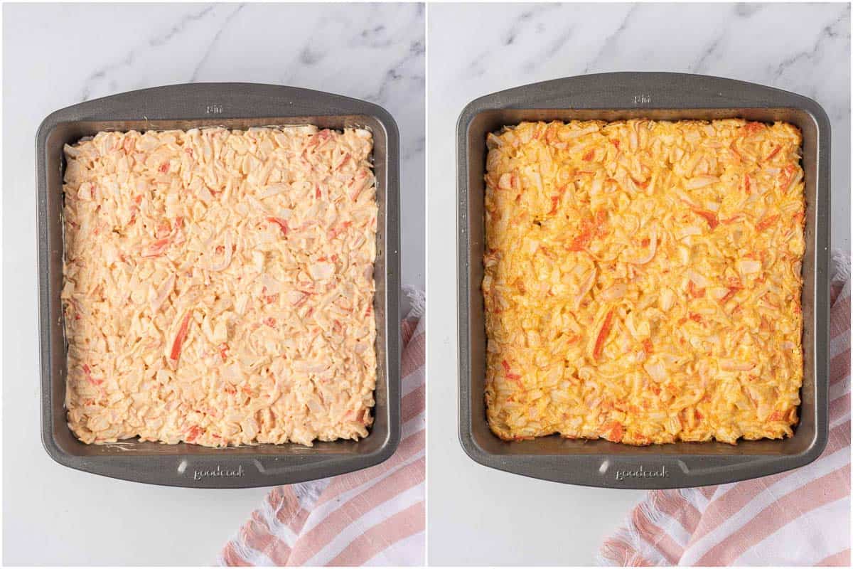 Baked imitation crab in a casserole dish.
