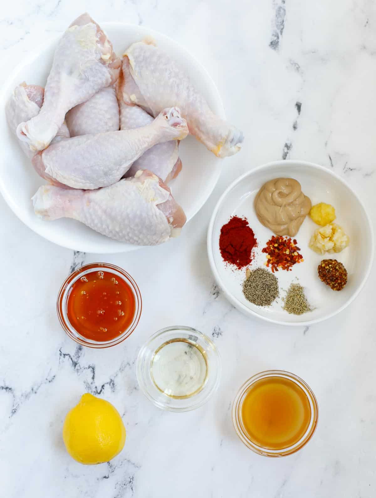 Ingredients needed for honey mustard chicken drumsticks.