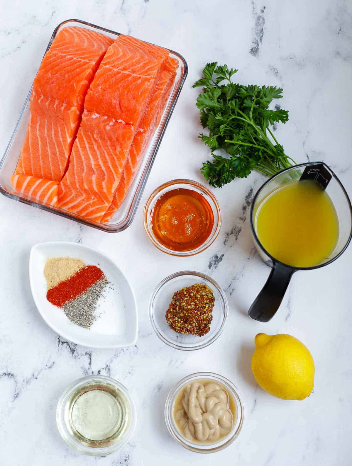 Ingredients needed for baked honey mustard salmon.