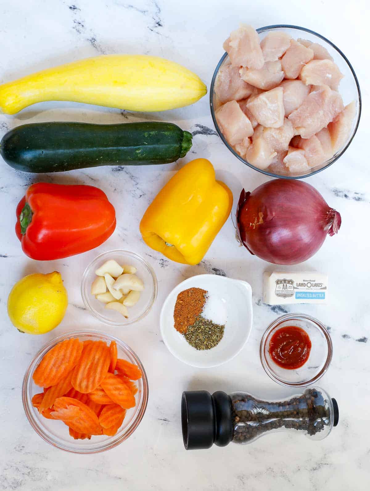 Ingredients needed for healthy chicken and vegetable skillet.