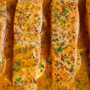 Closeup of healthy baked honey mustard salmon.