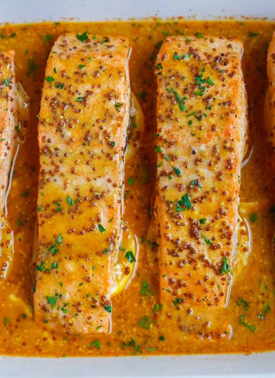 Closeup of healthy baked honey mustard salmon.