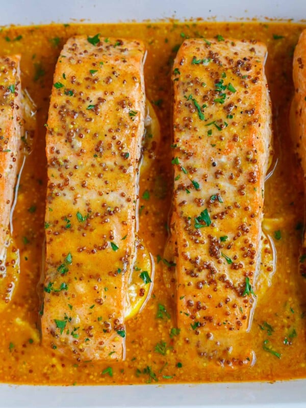 Closeup of healthy baked honey mustard salmon.