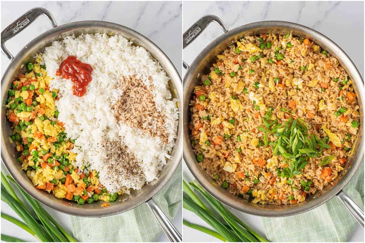 Process of how to make vegetarian egg fried rice.