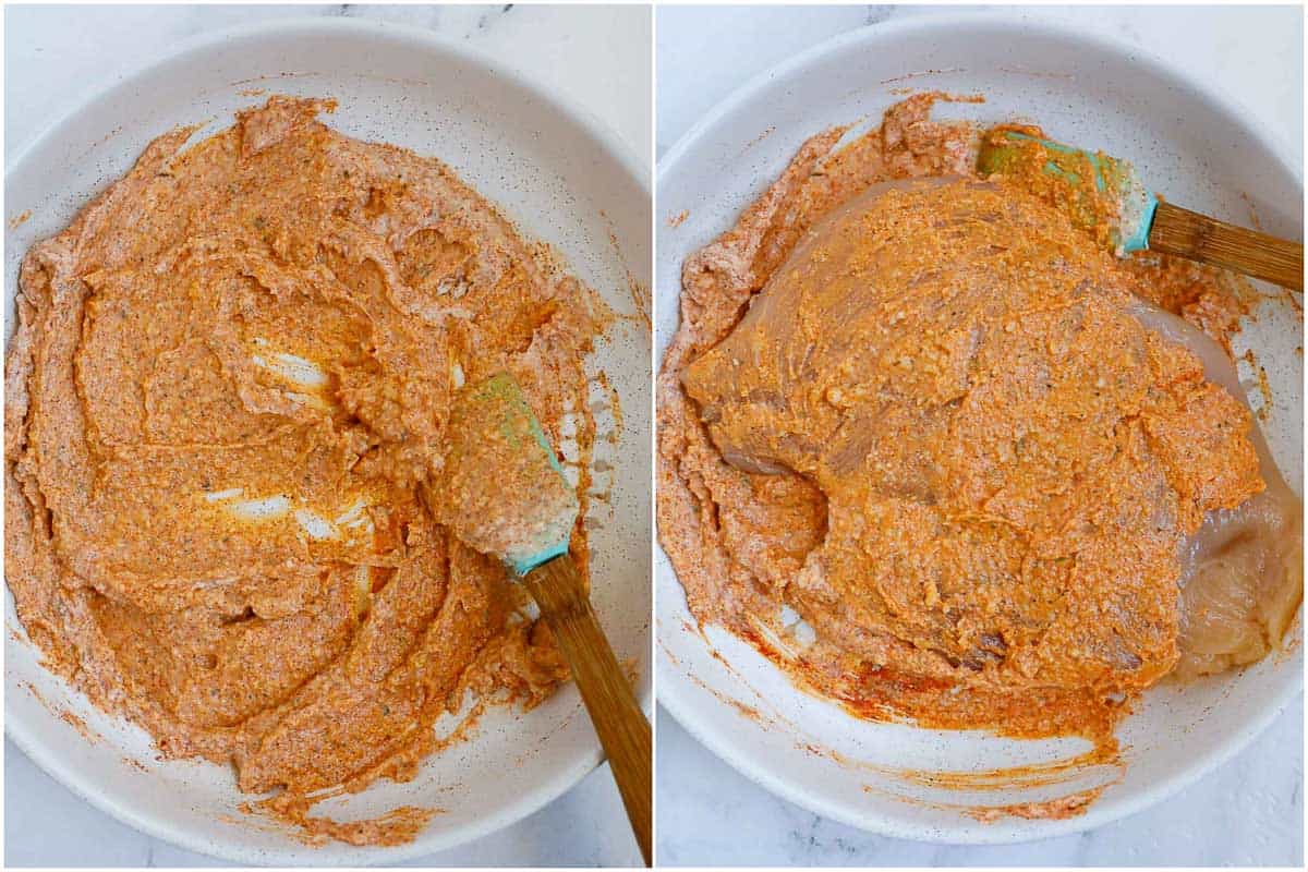 Coating the chicken cutlets with the marinade mixture.