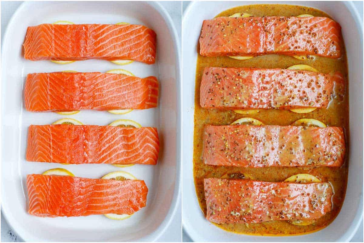 How to prep the baking dish with lemon, salmon filets and honey mustard marinade.