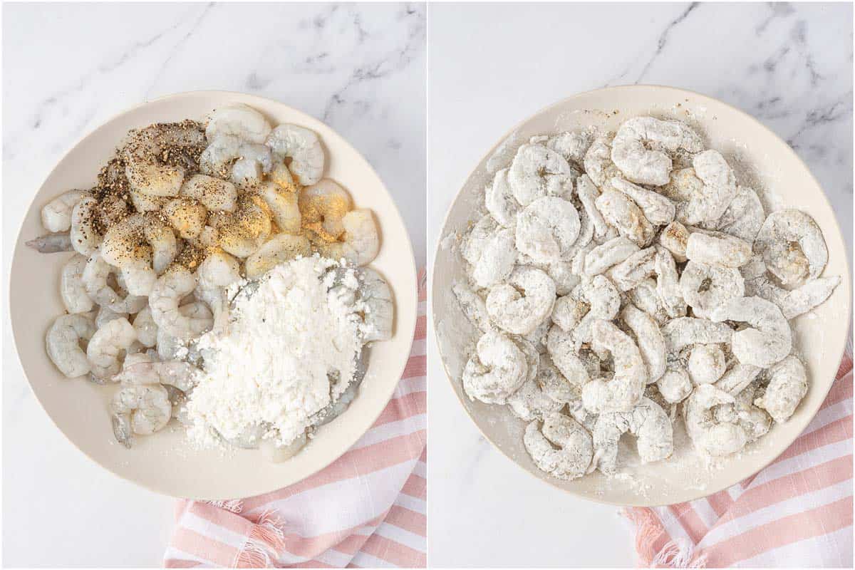 Seasoning and coating shrimp with cornstarch for frying.