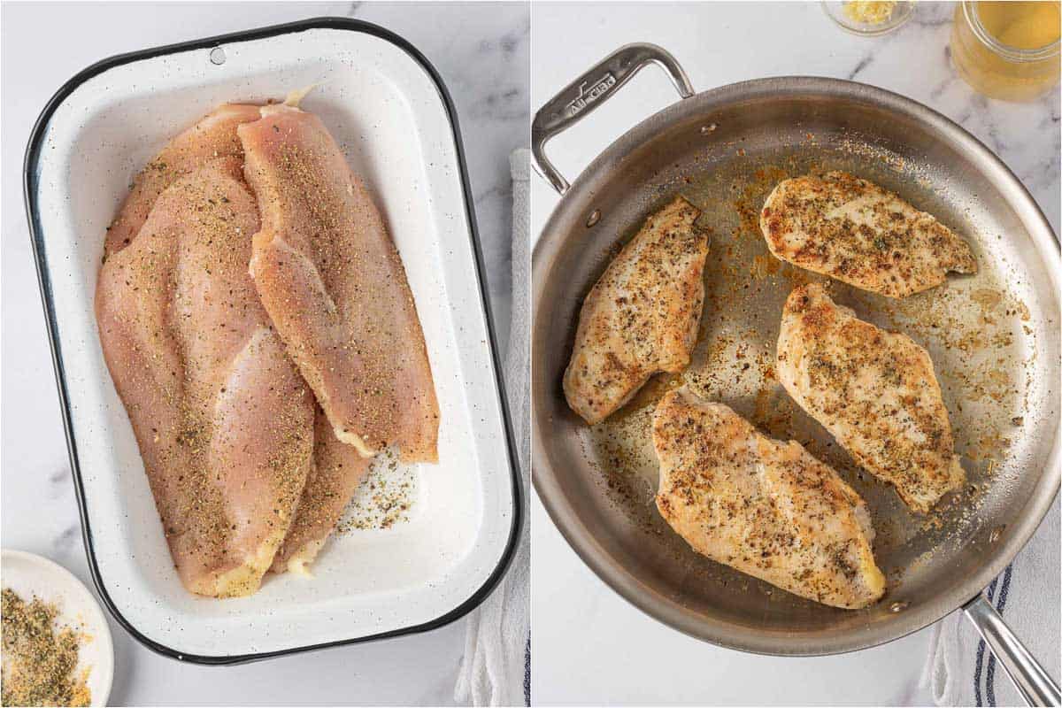Process of seasoning chicken breast and searing it in the pan.