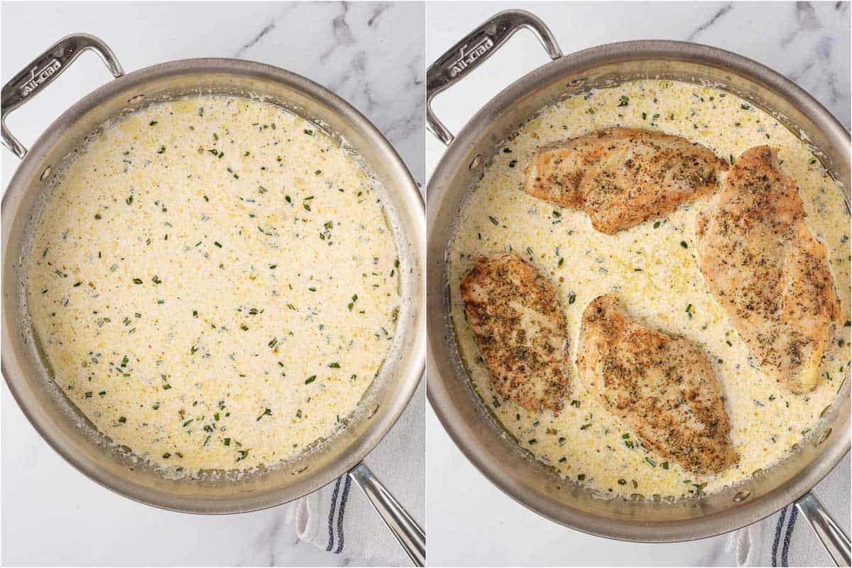 Making creamy herb sauce for chicken and adding chicken to the skillet.