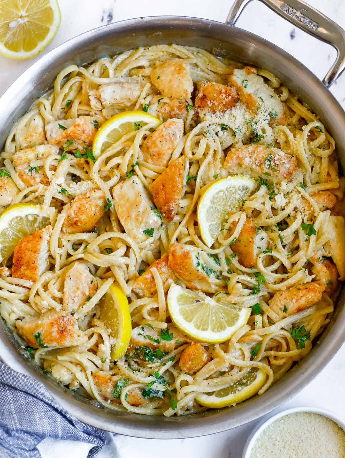 Creamy lemon chicken pasta in a skillet.