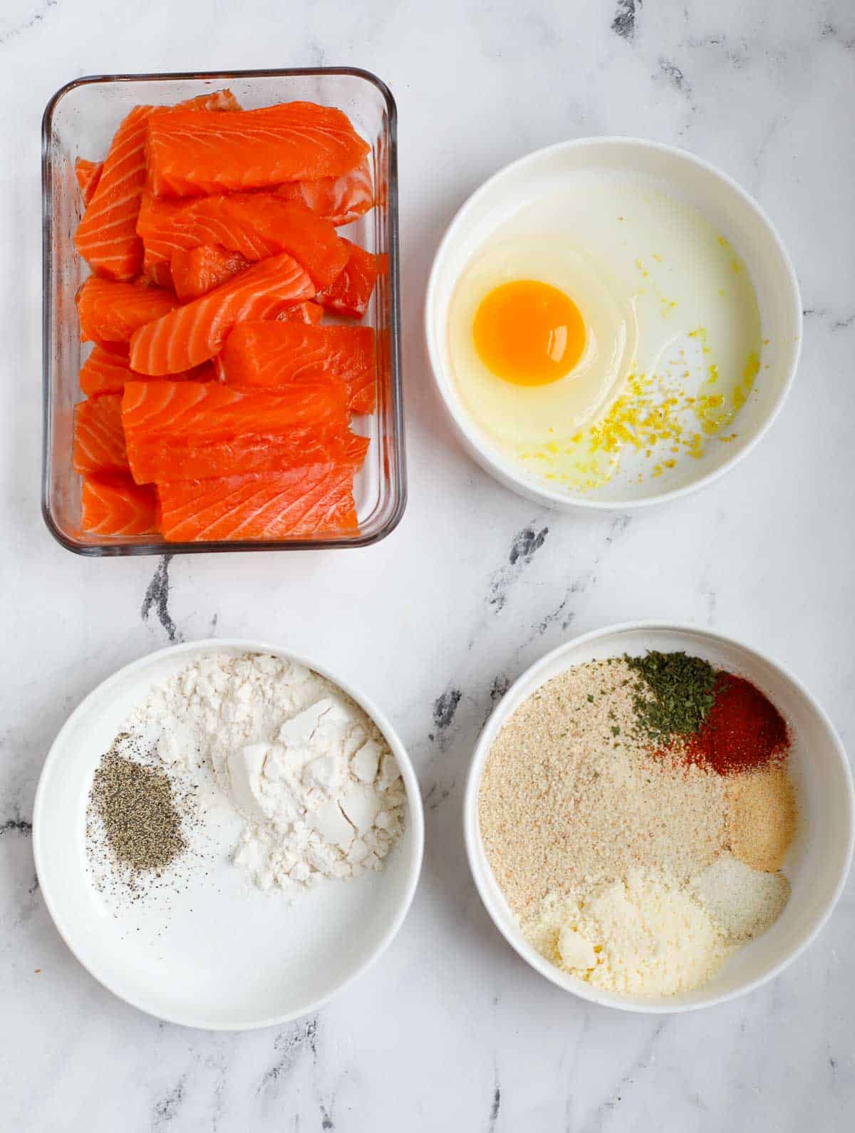 Ingredients needed for crispy salmon fish fingers.