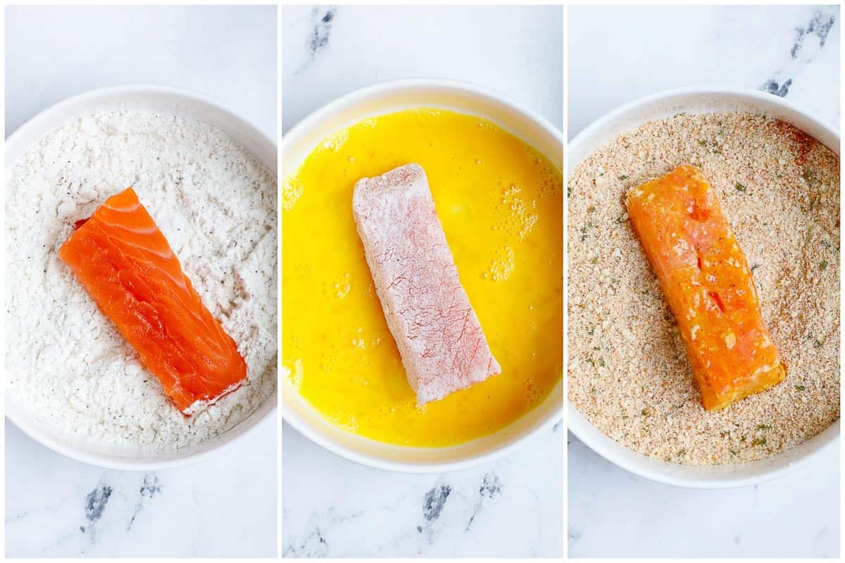 How to dredge crispy baked salmon.