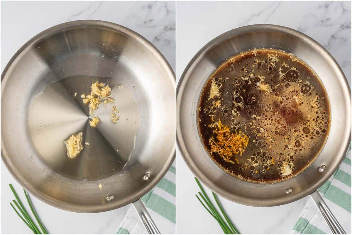 Sautéing garlic and preparing the easy orange chicken sauce in a skillet.