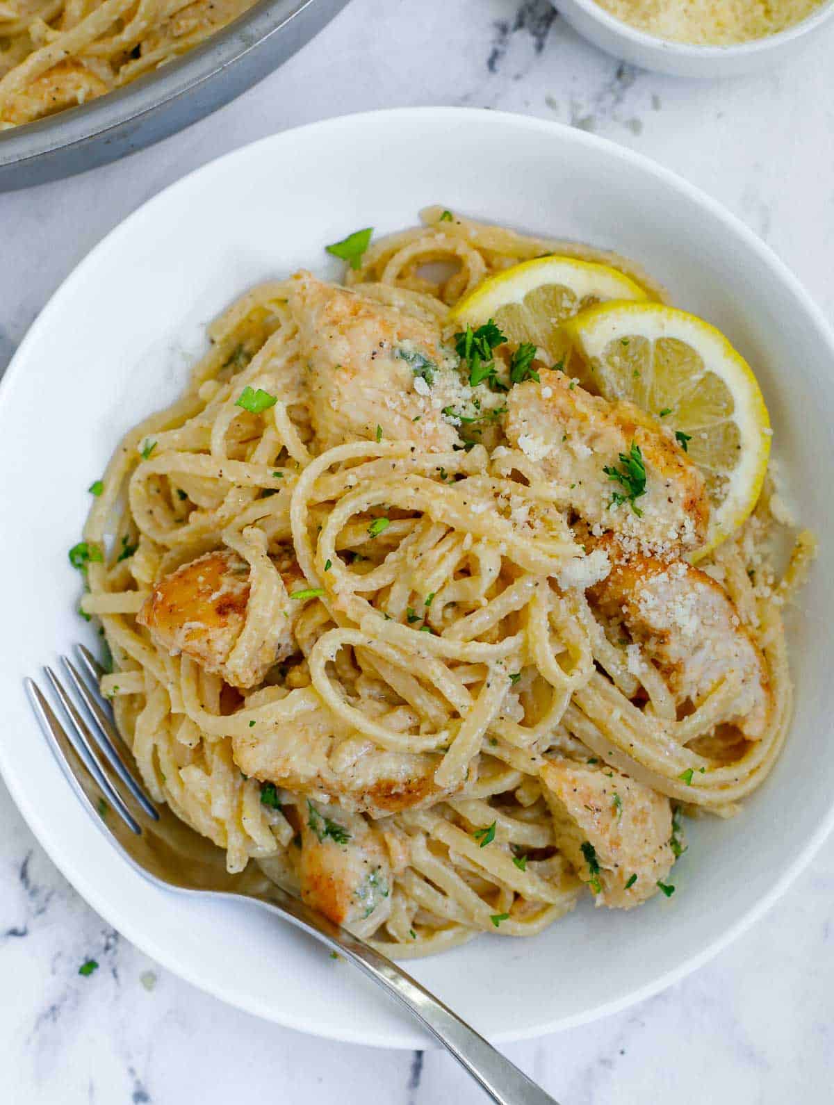 A bowl of easy chicken piccata pasta.