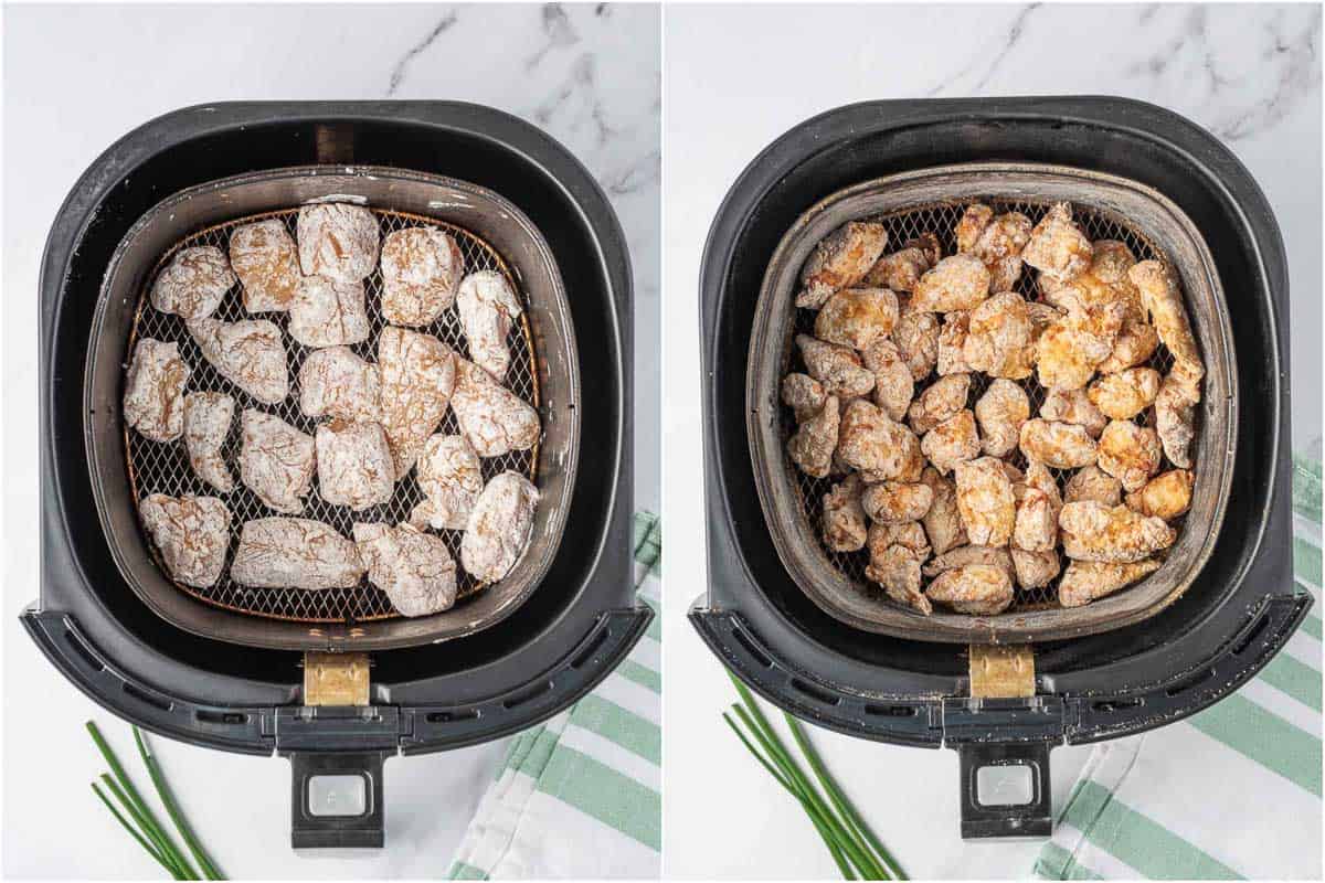 Before and after air frying the crispy air fryer chicken.