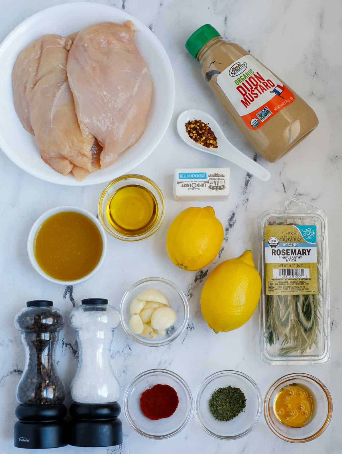 Ingredients needed for rosemary lemon chicken breast.