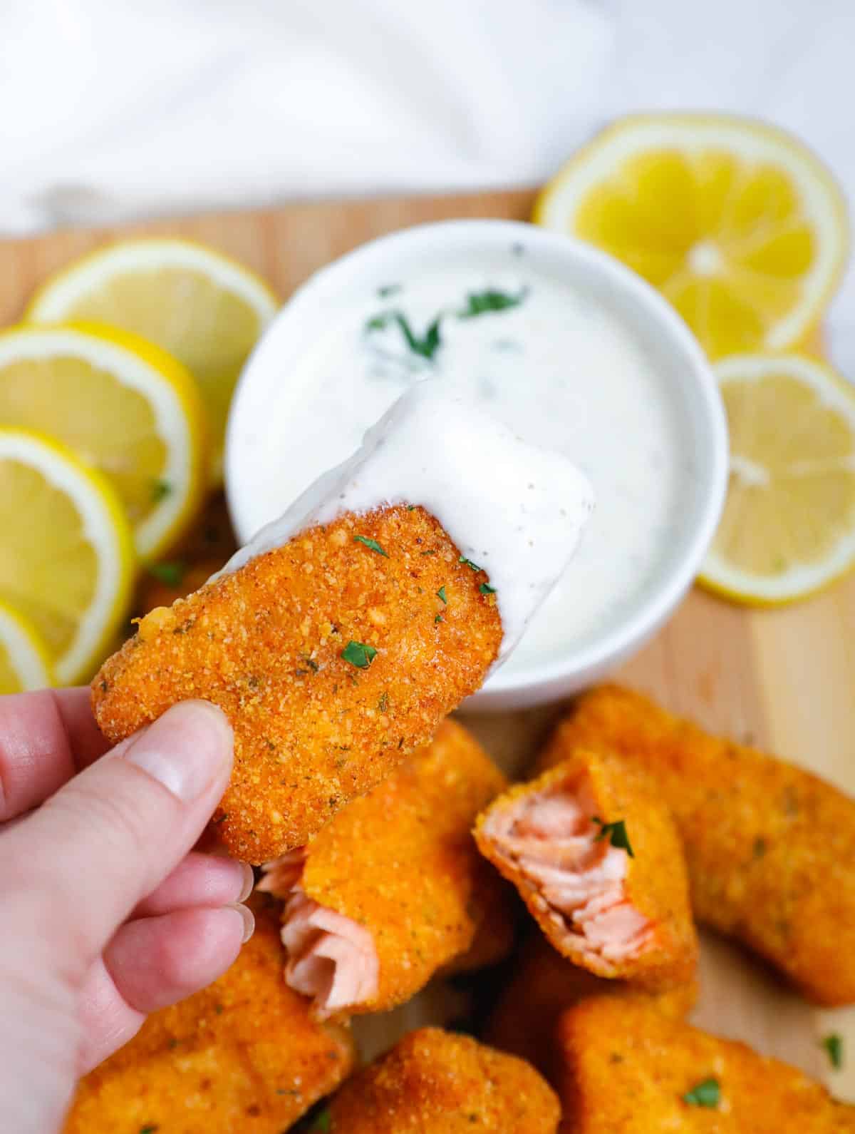 Closeup of a salmon fish stick.